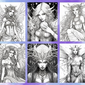 May include: Six black and white illustrations of women with wings and elaborate headdresses. The women are drawn in a detailed and intricate style, with flowing hair and delicate features.