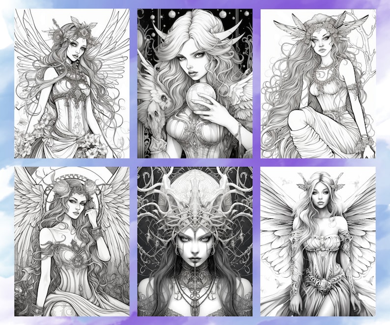 May include: Six black and white illustrations of women with wings and elaborate headdresses. The women are drawn in a detailed and intricate style, with flowing hair and delicate features.