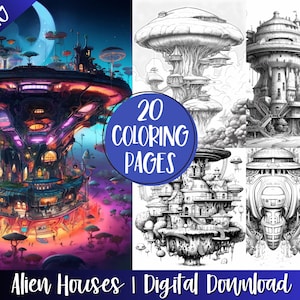 Space Alien Galaxy Coloring Book Pages For Adults, Kids, Outer Space Grayscale Coloring Pages, Instant Download, Printable Art, Sheets