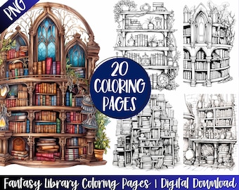 Fantasy Library Coloring Book Pages For Adults, Enchanted Library Grayscale Coloring Sheets, Printable Gift Idea, Instant Digital Download