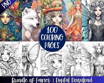 100 Fairies Coloring Book Pages, Fantasy Grayscale Art (Digital Download)