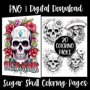 Páginas de libros para colorear de calaveras de azúcar mexicanas para adultos, páginas en escala de grises de calaveras del Día de Los Muertos, descarga digital, idea de regalo de arte imprimible
