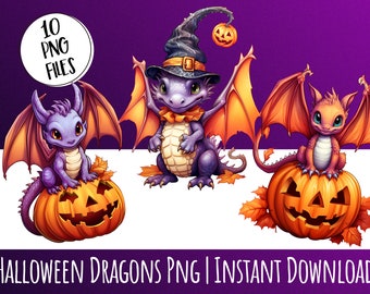 Halloween Theme Pumpkin Witchy Dragons Bundle Of Transparent PNG Cliparts, Cute Fantasy Clip Art, Digital Download, Printable Gift Idea