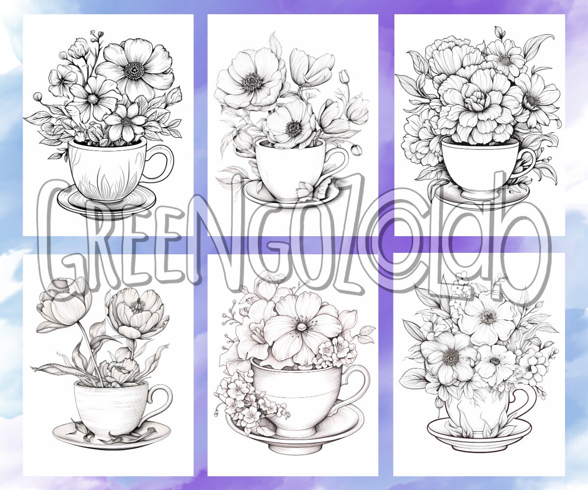Blooming Floral Teapots, Teacups Coloring Book Pages for Adults ...
