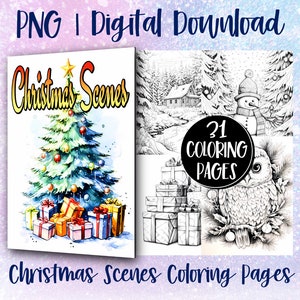 Weihnachten Winter Szenen Malbuch Seiten für Erwachsene, Kinder, Graustufen Malseiten, sofortiger digitaler Download, druckbare Kunst Geschenk Idee