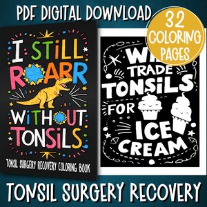 Pode incluir: Uma capa de livro para colorir em preto e branco com um dinossauro e o texto "Ainda rujo sem amígdalas". A capa também inclui o texto "Livro para colorir de recuperação de cirurgia de amígdalas".