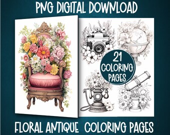 Páginas de livro de colorir vintage em tons de cinza com flores desabrochando.