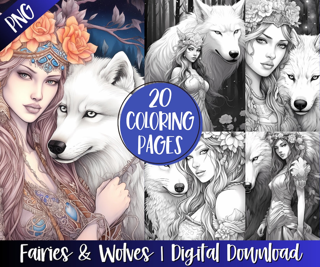 Fairies &amp; Wolves Coloring Book Pages for Adults, Forest Fairy Grayscale ...
