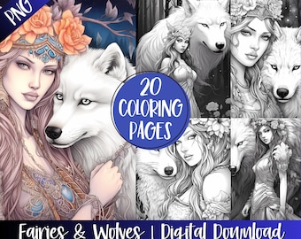 Fairies & Wolves Coloring Book Pages For Adults, Forest Fairy Grayscale Colouring, Instant Digital Download, Fantasy Printable Art Gift Idea