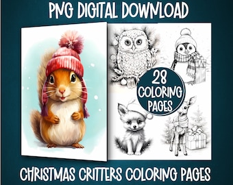 Christmas Critters Coloring Book Pages: Winter Animals Grayscale