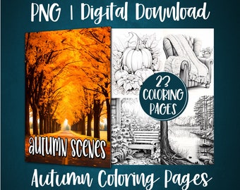 Grayscale Autumn Scenes Coloring Book Pages: Fall Theme