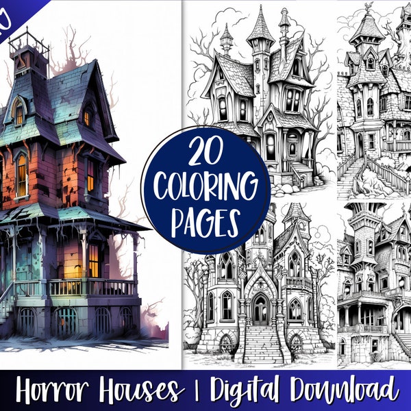 Horror House Coloring Book Pages For Adults, Gothic Haunted Mansion Grayscale Coloring Pages, Instant Download, Printable Art, Sheets