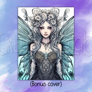 May include: A digital illustration of a fairy with blue wings and a floral crown. She is wearing a black lace dress and has long, flowing silver hair.