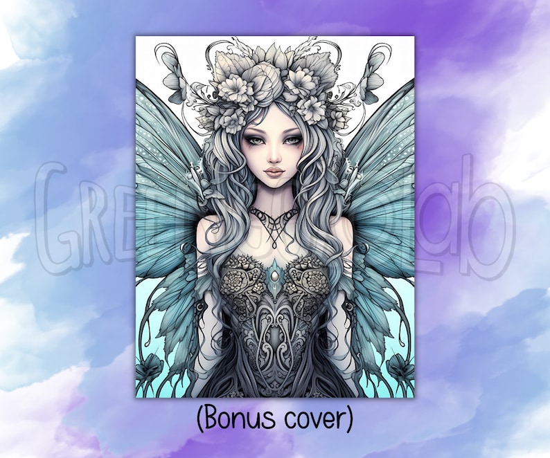 May include: A digital illustration of a fairy with blue wings and a floral crown. She is wearing a black lace dress and has long, flowing silver hair.