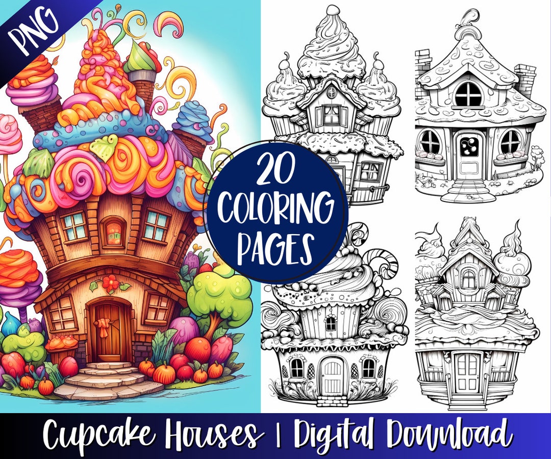Printable Cupcake Houses Coloring Book Pages for Adults & Kids, Digital Download, Printable Gift ...