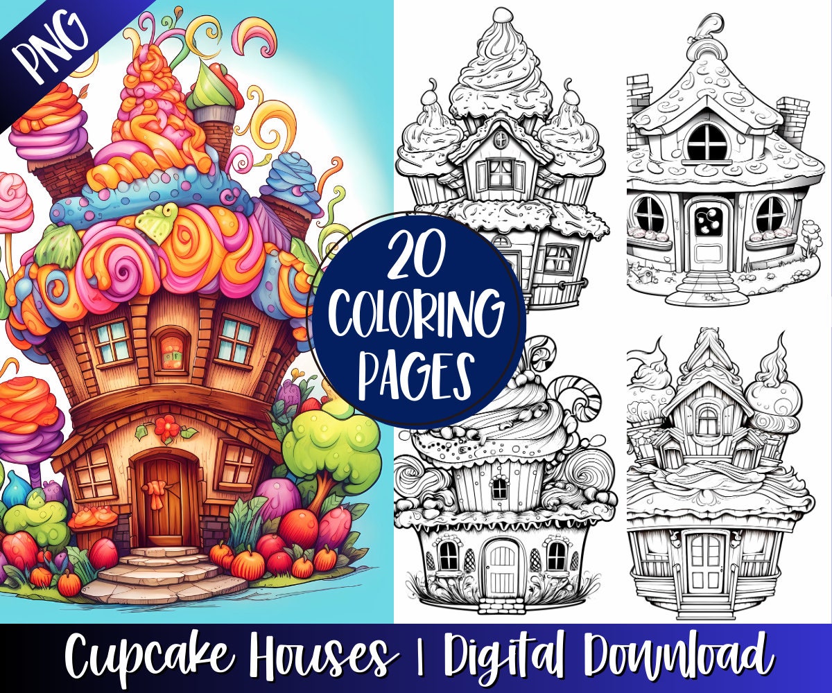Printable Cupcake Houses Coloring Book Pages For Adults & Kids, Digital Download, Printable Gift Idea, Sweet Coloring Sheets