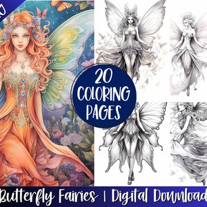 Vlinder vleugels feeën kleurplaten boek, Fantasy Fairy grijswaarden kleuren, digitale download, afdrukbare cadeau idee, kleurplaten