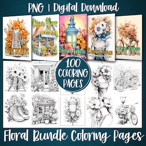 Blooming Floral Bundle Coloring Book Pages For Adults, Flowers Grayscale Colouring Pages, Instant Digital Download, Printable Art Gift Idea