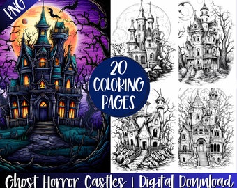 Horror Ghost Castle Coloring Book Pages, Gothic Haunted Art (Digital Download)