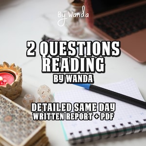 May include: An image promoting a reading service. Text on the image reads "2 QUESTIONS READING BY WANDA" and "DETAILED SAME DAY WRITTEN REPORT + PDF". A lit candle, tarot cards, dice, a pen, and a notebook are also visible.