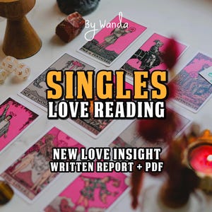 May include: A Singles Love Reading is advertised with tarot cards, dice, and candles. The cards are pink and white, with illustrations and text. The text on the cards includes "Ace of Swords" and "Page of Pentacles". The advertisement also includes the text "New Love Insight Written Report + PDF."