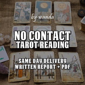 May include: Tarot card reading service advertisement. The image features several tarot cards with illustrations and text. The words "NO CONTACT TAROT READING" are prominently displayed, along with "SAME DAY DELIVERY WRITTEN REPORT + PDF".