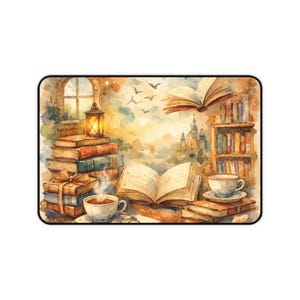 Könnte beinhalten: Aquarellillustration einer gemütlichen Leseszene. Ein Stapel Bücher, eine Tasse Kaffee und ein offenes Buch sind zu sehen. Ein Fenster, eine Laterne und ein Bücherregal sind ebenfalls sichtbar. Die Farbpalette umfasst warme Töne von Braun, Orange und Gelb.