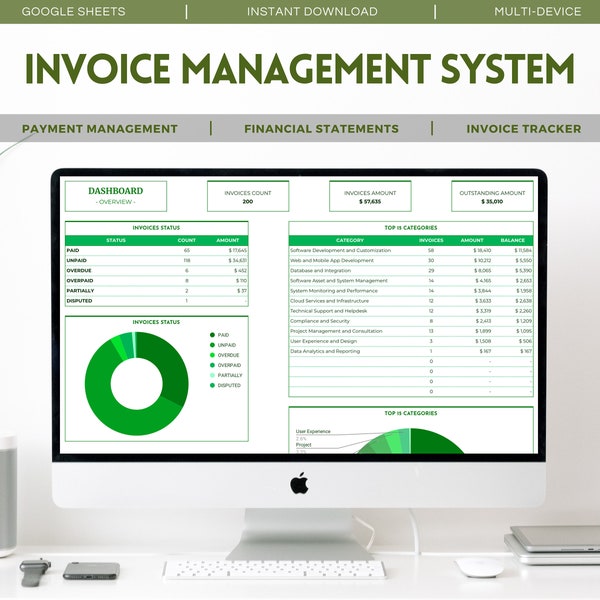 Rechnungsmanagement und Tracking-System - Ultimatives Business-Finance-Tool in Google Sheets, Invoice Tracker, Kunden Statements, Zahlungen