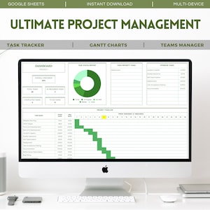 Op de afbeelding: Een computerscherm dat een projectmanagement sjabloon in Google Sheets weergeeft. De sjabloon bevat een dashboard, een taaktracker, een Gantt-diagram en een teammanager. Het dashboard toont de algemene voortgang van het project, het totale aantal taken, de voltooide taken en de taken die moeten worden gedaan. Het Gantt-diagram toont de projecttijdlijn met de taken die aan de linkerkant worden vermeld en de datums bovenaan. De sectie van de teammanager is leeg.