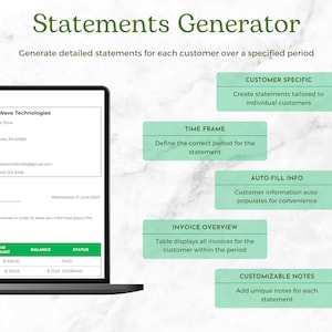 Statements Generator Preview: Customer Specific, Time Frame, Auto-Fill Info, Invoice Overview, Customizable Notes