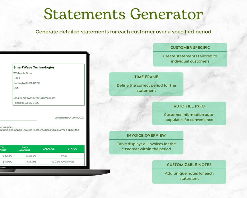 Statements Generator Preview: Customer Specific, Time Frame, Auto-Fill Info, Invoice Overview, Customizable Notes