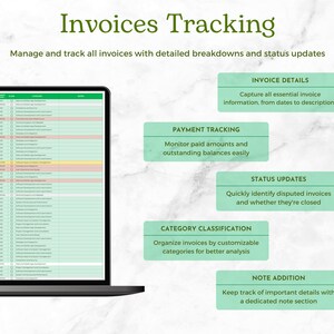 May include: A laptop computer screen displaying a spreadsheet with a green background. The spreadsheet is titled "Invoices Tracking" and has columns for invoice number, date, amount, due date, status, category, and notes. The text on the screen reads "Manage and track all invoices with detailed breakdowns and status updates".
