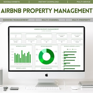 May include: A computer screen displaying a green and white dashboard with charts and graphs showing Airbnb property management data. The dashboard includes information on total revenue, total expenses, revenue by month, expense by month, revenue breakdown, and expense breakdown. The dashboard is titled "Airbnb Property Management - Global Dashboard".