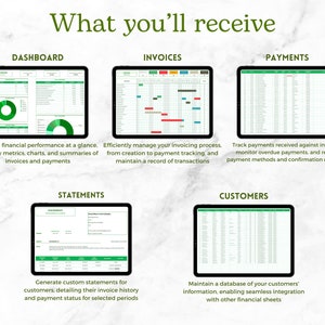 Preview of Template Sheets: Dashboard, Invoices, Payments, Statements, Customers