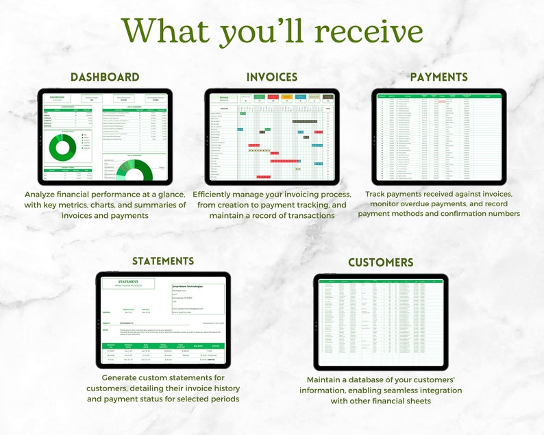 Preview of Template Sheets: Dashboard, Invoices, Payments, Statements, Customers