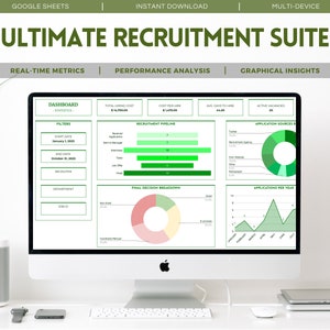 Könnte beinhalten: Ein Computerbildschirm zeigt ein Dashboard mit grünen und rosafarbenen Diagrammen und Grafiken. Das Dashboard trägt den Titel "Ultimate Recruitment Suite" und enthält Kennzahlen wie "Gesamte Rekrutierungskosten", "Kosten pro Einstellung", "Durchschnittliche Tage bis zur Einstellung" und "Offene Stellen".