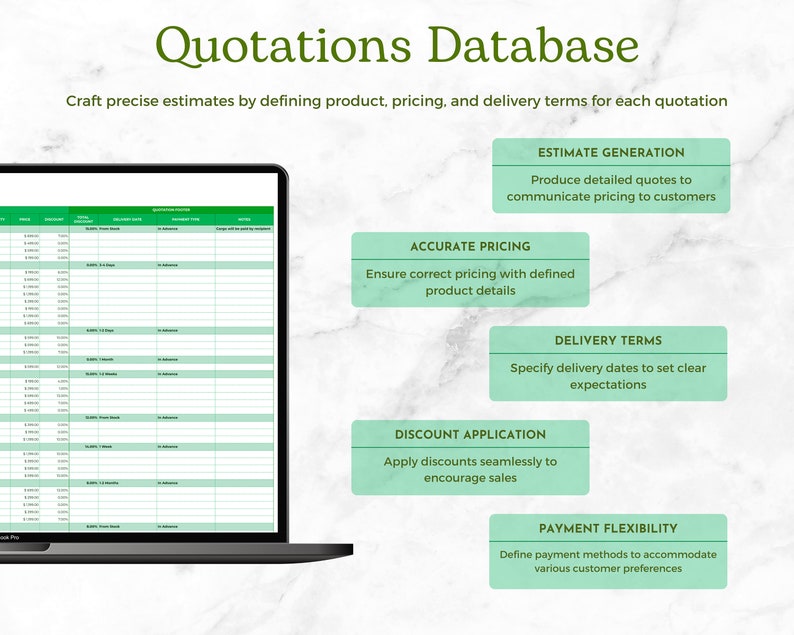Quotations Database Preview: Estimate Generation, Accurate Pricing, Delivery Terms, Discount Application, Payment Flexibility