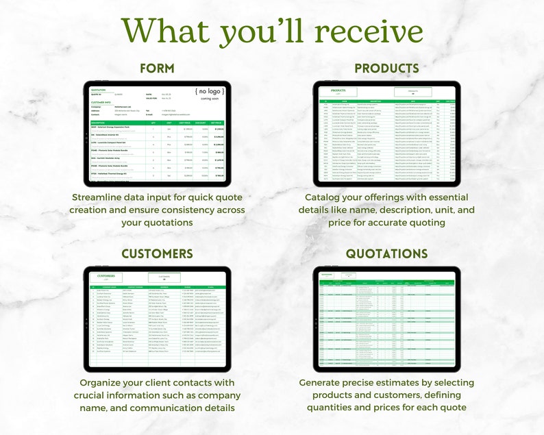 Preview of Template Sheets: Form, Products, Customers, Quotations