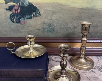 Vintage Brass Candlestick Set (3) Baldwin Chamberstick + Tall & Short Holders | Classic Traditional Decor