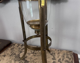 Vintage Brass Hurricane Candle Holder, Tripod Stand, Hollywood Regency Style