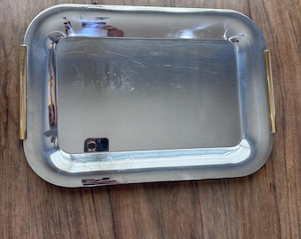 Vintage Ewing Italy 18/10 Stainless Steel Serving Tray with Brass Handles, Mid Century Modern Bar Tray, Italian Vanity Tray