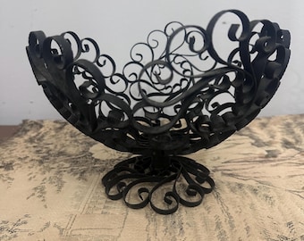 Vintage Black Wrought Iron Scroll Fruit Bowl | Ornate Metal Centerpiece Bowl | Gothic Cottage Decorative Pedestal Bowl