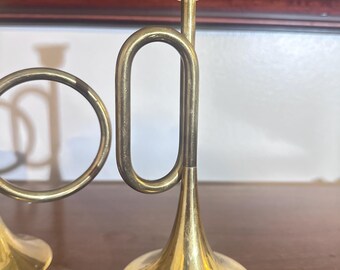 Vintage Brass Trumpet Candlestick Holders Pair | Mid Century Musical Instrument Decor