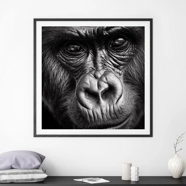 Monochrome Majesty: Close-Up Gorilla Portrait - Nikon D850, Mingei Inspired, Wildlife Photography