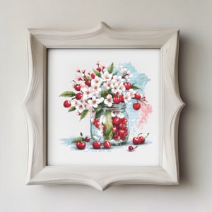 Kersenbloesem in een pot kruissteekpatroon, roze bloemen pdf-kaart, vintage bloemen getelde kruissteek, patroon tuinplant in bloei