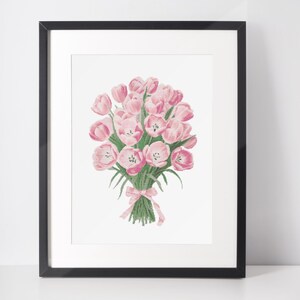 Patrón de punto de cruz de tulipanes rosas vintage – Gráfico de bordado floral – Diseño PDF de ramo botánico antiguo