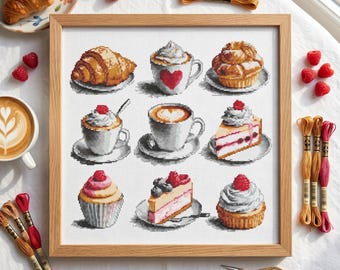 Coffee Cross Stitch Pattern – Dessert Kitchen Decor PDF 200×200 Stitches | Instant Download