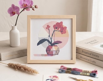 Minimalist Orchid Cross Stitch Pattern, Scandinavian Floral PDF, Modern Embroidery Design, 119×120 Stitches, Instant Download