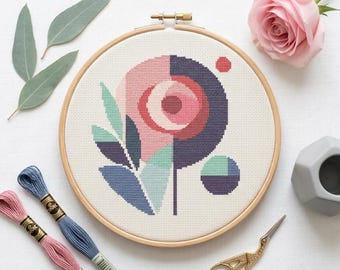 Scandinavian Rose Cross Stitch Pattern, Minimalist Floral Embroidery PDF, 94×100 Stitches, Instant Download, Nature & Flower Design