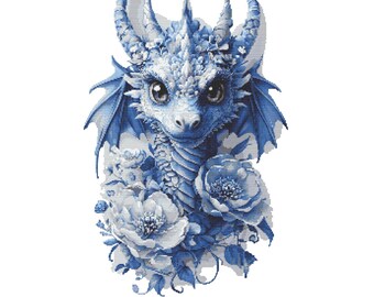 Blue Floral Dragon Cross Stitch Pattern – Fantasy Embroidery PDF 205×300 Stitches | Instant Download